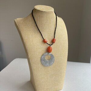 Black Beaded Necklace with Orange Beads & Silver Medallion
